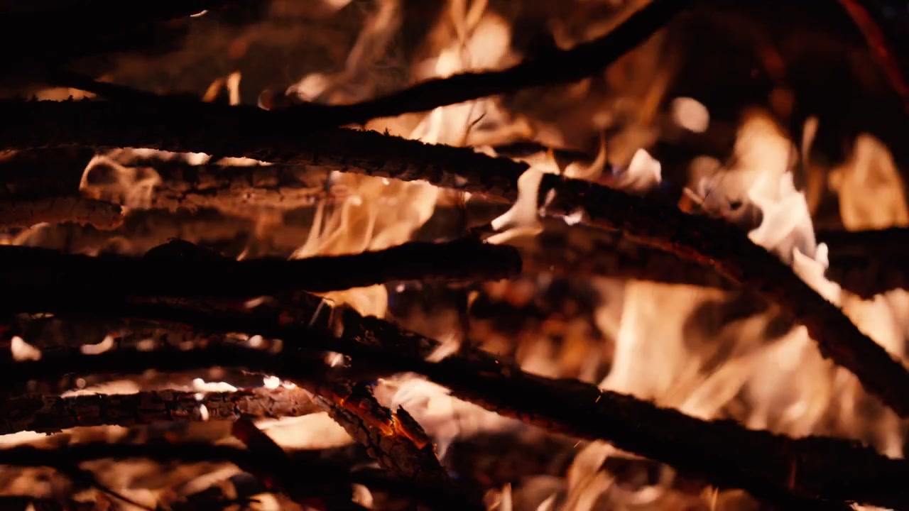Primo piano di rami di legno in fiamme con fiamme arancioni