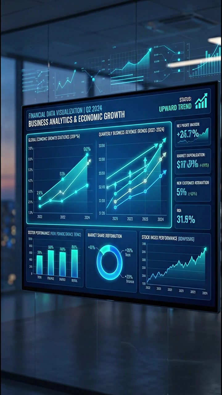 Vertical futuristic digital display showing financial and stock market data