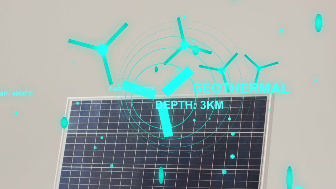 Pannello fotovoltaico che anima rotori ciano all'avvio, fluttuanti e rotanti, etichettando PROFONDITÀ:3KM per il geotermico