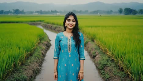 young indian farmer standing between rice paddies smiling wearing traditional indian clothing in a rural landscape with mountains in the background