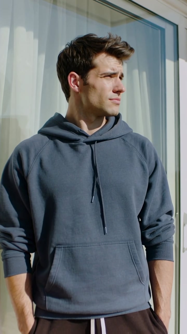Young Man in Hoodie Standing Thoughtfully by a Window