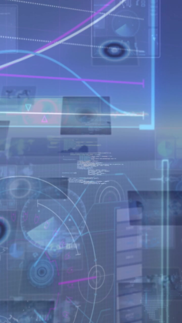 Animazione di elaborazione dati su schermi in movimento su sfondo blu