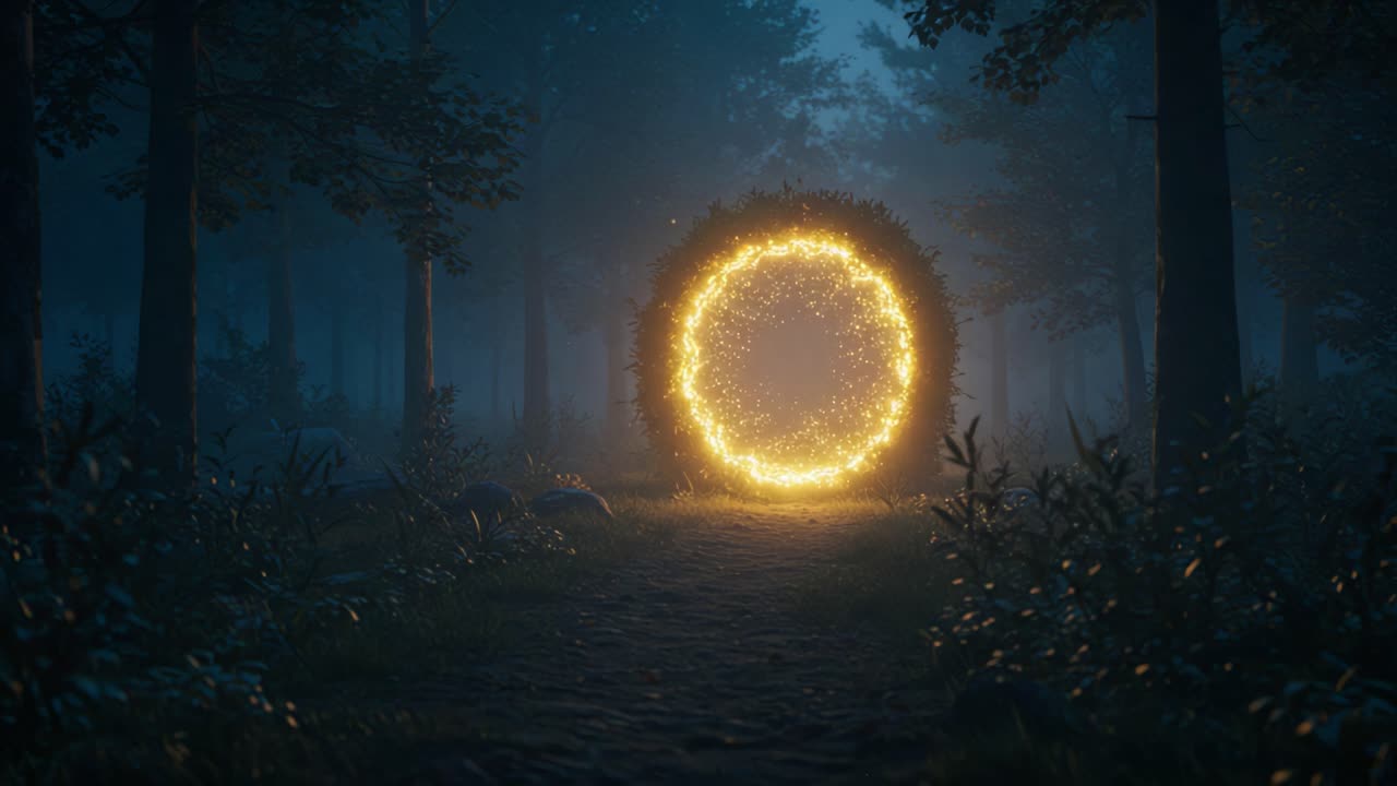 An Enchanting Portal Emerges in a Mystical Forest, Illuminating the Path Ahead with a Brilliant Glow as Daylight Breaks Through the Dense Trees