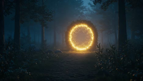 An Enchanting Portal Emerges in a Mystical Forest, Illuminating the Path Ahead with a Brilliant Glow as Daylight Breaks Through the Dense Trees