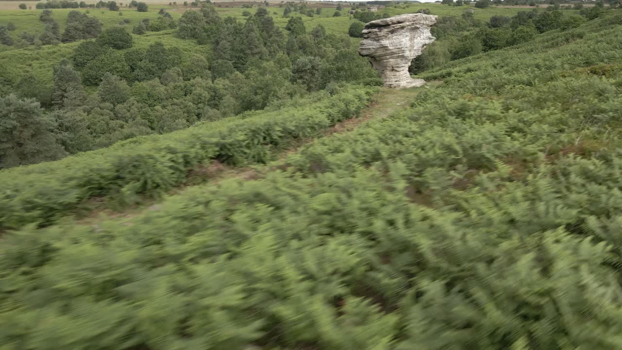 imágenes aéreas en movimiento rápido de 4k de formaciones rocosas de piedra arenisca en el bosque de dalby, north yorkshire