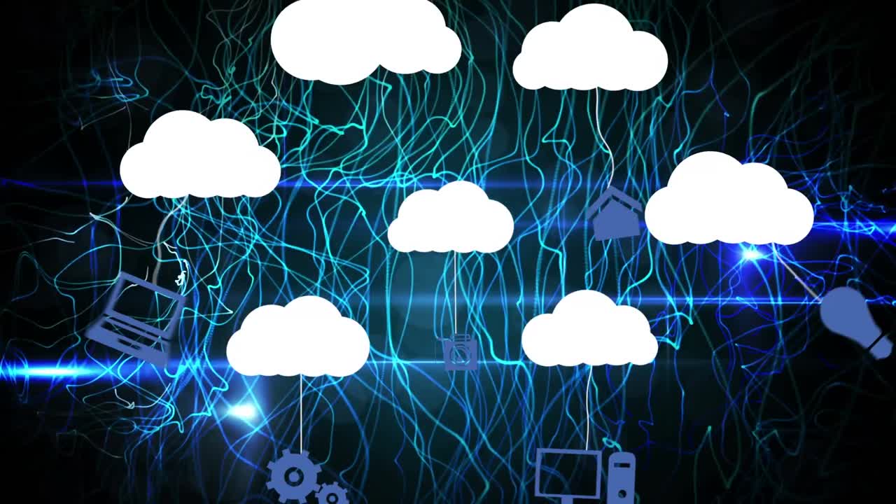 검은 바탕에 있는 미디어 아이콘과 빛의 흔적의 애니메이션