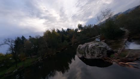 spectacular high-speed aerial shot over amarante tamega river, portugal
