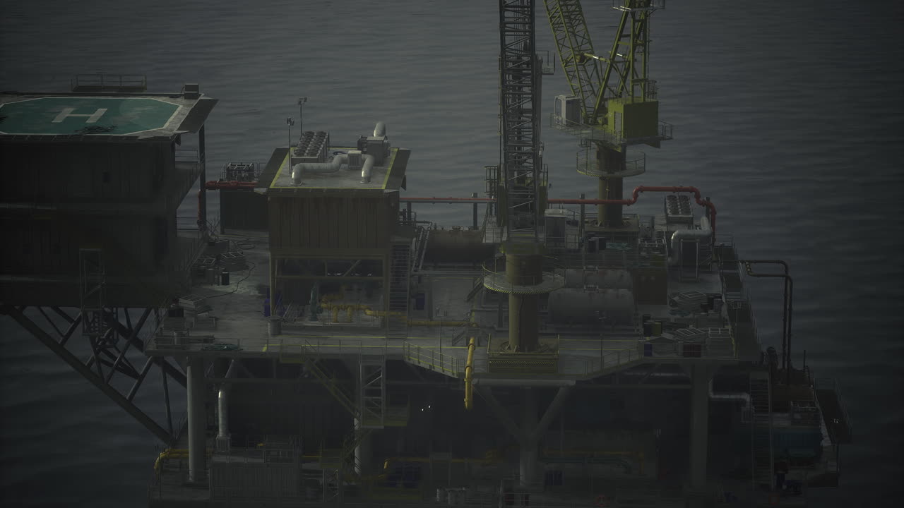 Oil rig structure stands tall in open waters during overcast weather