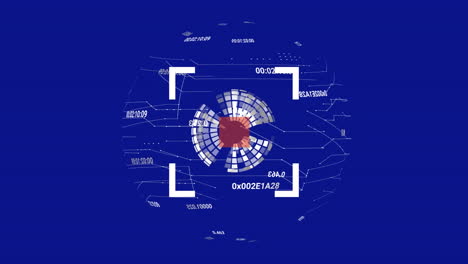 Animación-Del-Alcance,-El-Globo,-El-Procesamiento-De-Datos-Y-Las-Conexiones-Sobre-Fondo-Azul