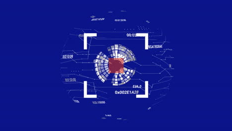 animation of scope, globe, data processing and connections over blue background