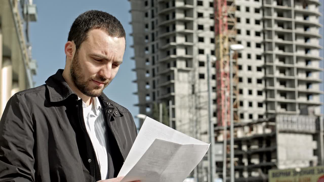 hombre con documentación cerca de la construcción de un nuevo edificio