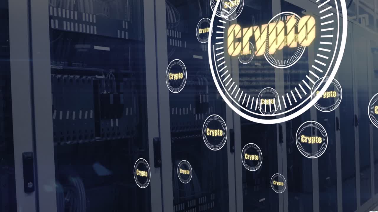 Testo cripto su scanner rotondi multipli che fluttuano contro una sala server di computer
