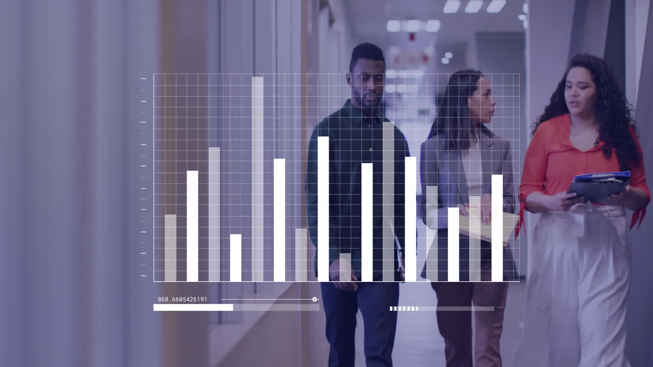 Animation of graph and loading bars, diverse coworkers discussing reports while walking in corridor