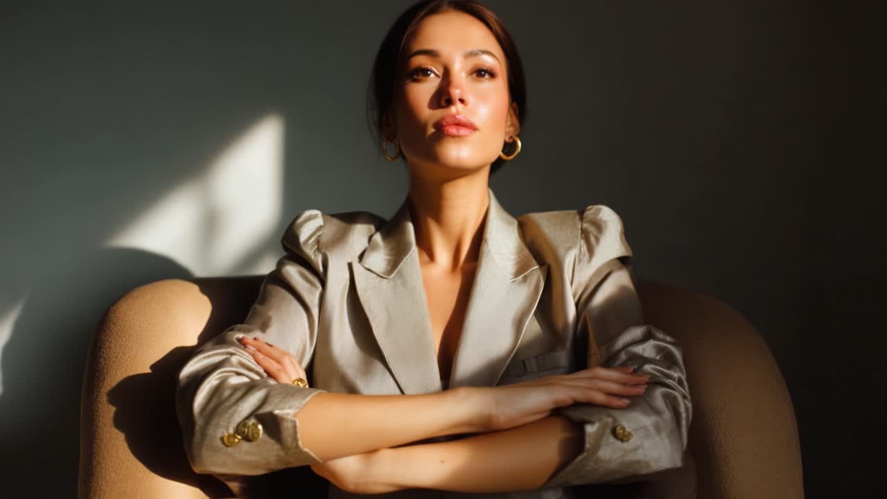 Donna sicura di sé seduta elegantemente in un outfit alla moda, che emana compostezza e forza in una luce naturale soffusa con ombre che valorizzano la scena