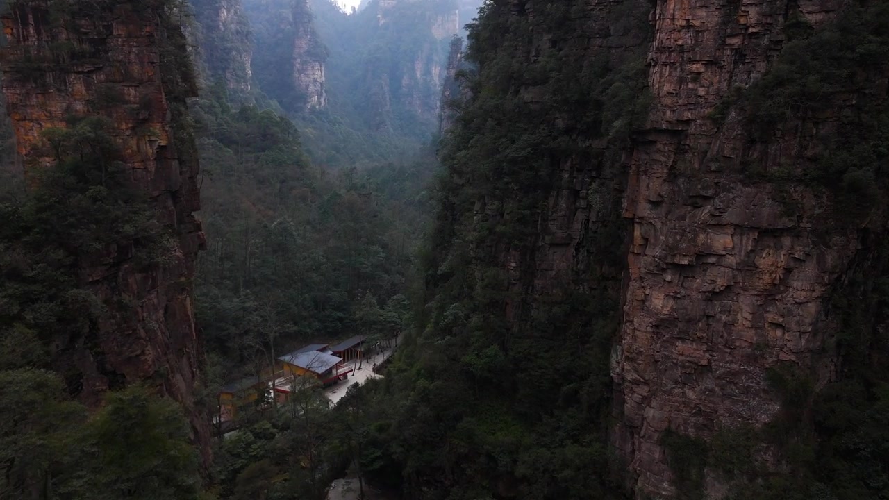 A mesmerizing drone shot weaving through the towering rock cliffs of Zhangjiajie, showcasing the lush green valley and unique geological structures of this scenic forested gorge