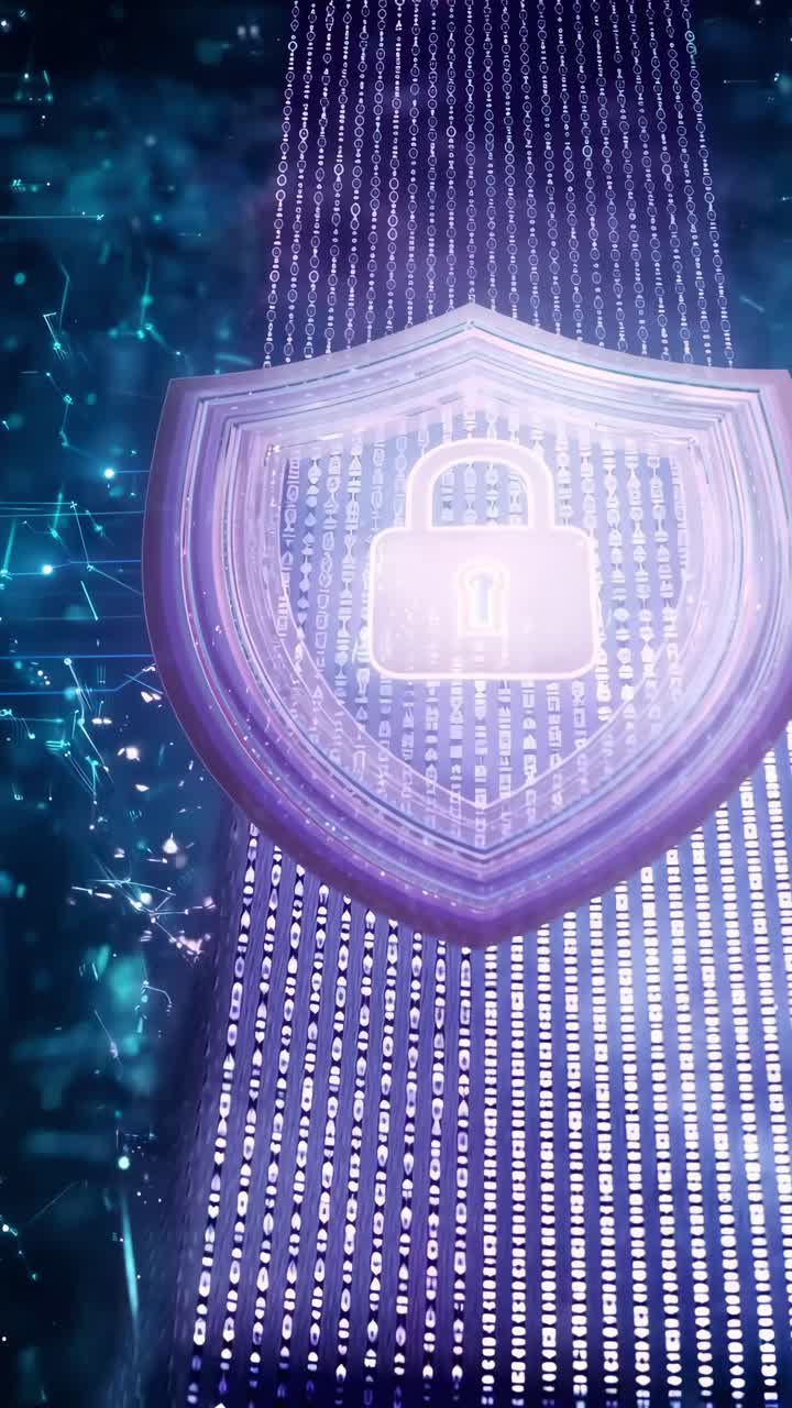 Futuristic video with a top-down angle, featuring a digital lock and shield over binary code
