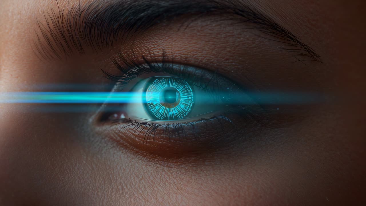 Brightening horizontal beam activating female eye in studio closeup, forming cyan HUD rings for ID