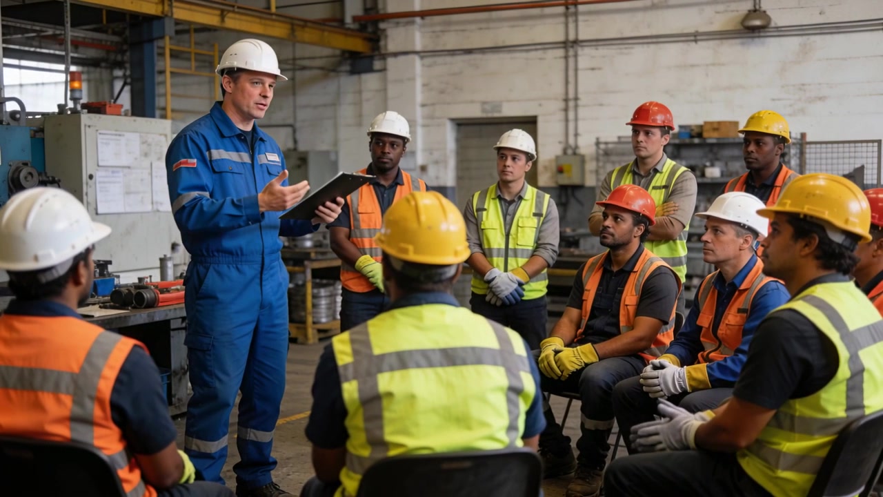 Starting supervisor in blue coverall white hard hat leading safety briefing at factory with tablet