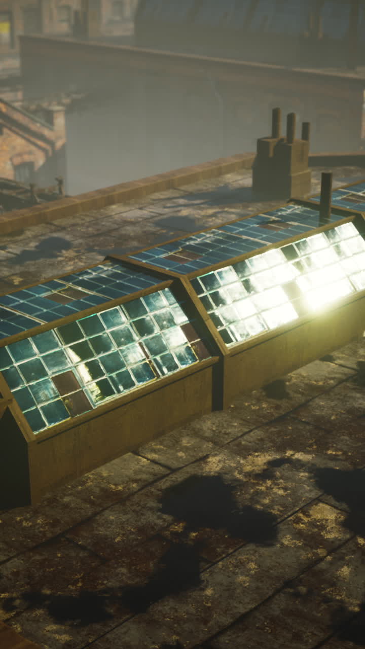 ржавая крыша с люками и видом на туманный город на расстоянии