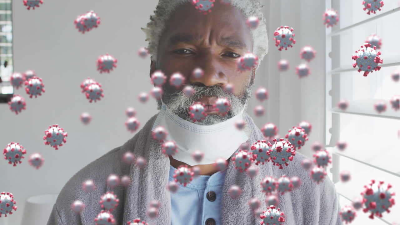 animación de células de virus sobre un anciano afroamericano con máscara facial