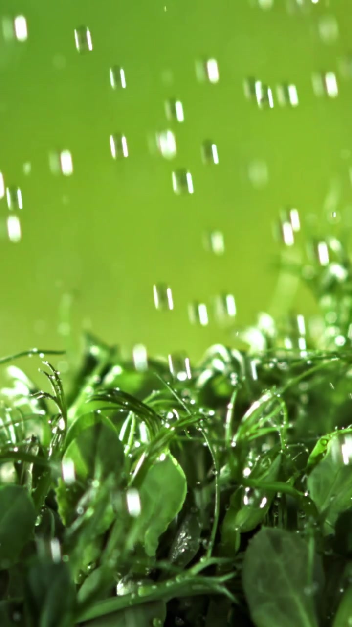 Primo piano di goccioline d'acqua che cadono su piante di un verde vivace