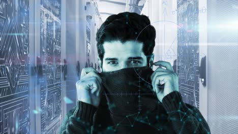 ecuaciones matemáticas sobre el retrato de un hombre en un servidor de computadora.