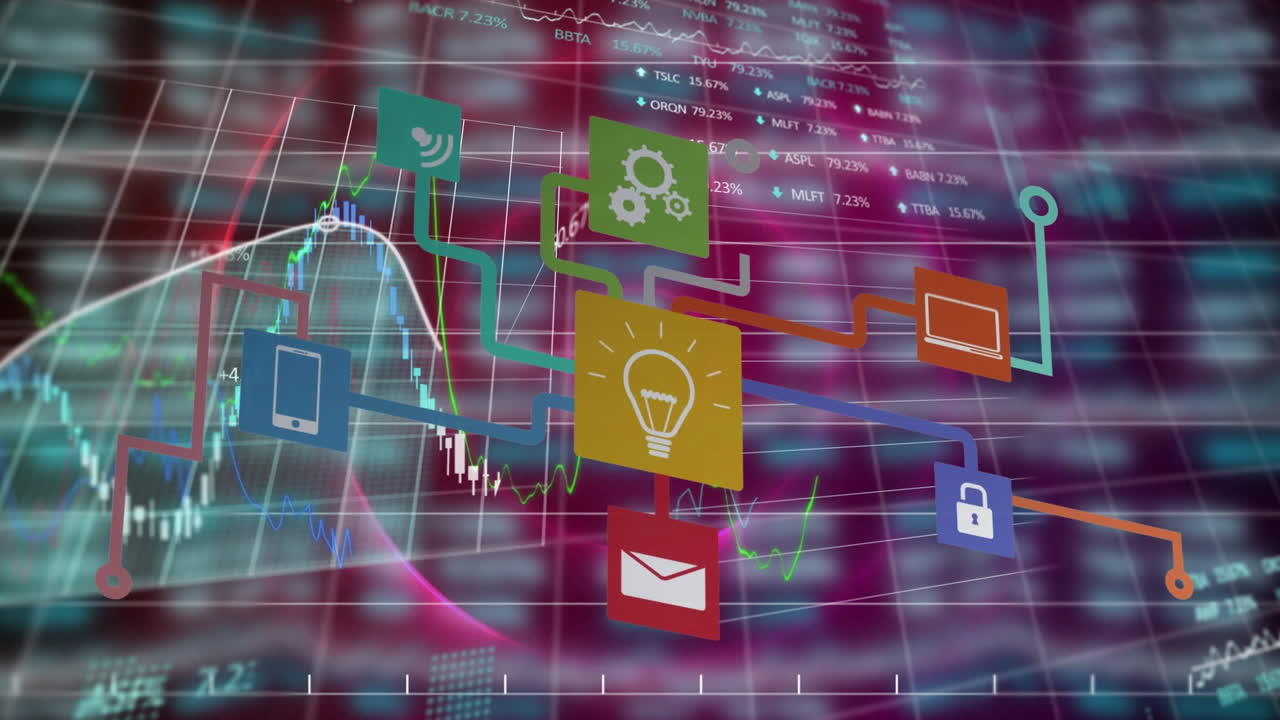 animación del diagrama de flujo de iconos con múltiples gráficos y tablero de negociación contra el patrón circular.