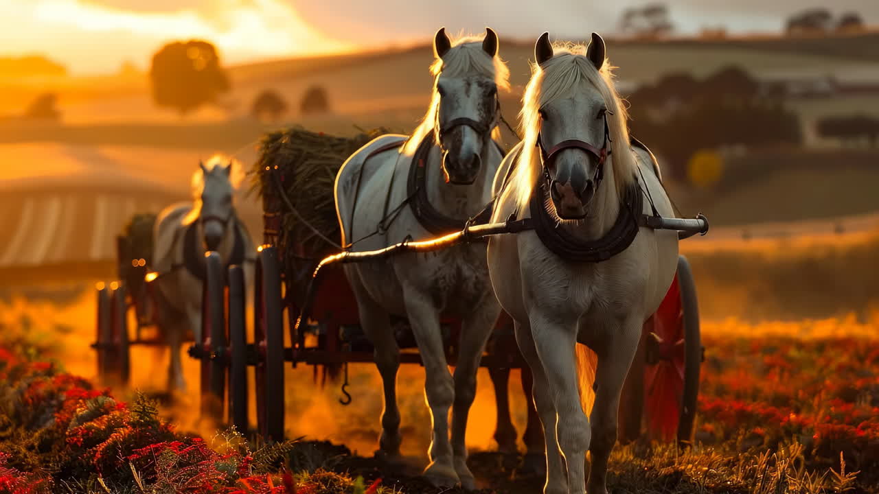 Horses carting at sunset. Horses pull a cart filled with hay as the sun sets over the open field, creating a warm glow in the sky