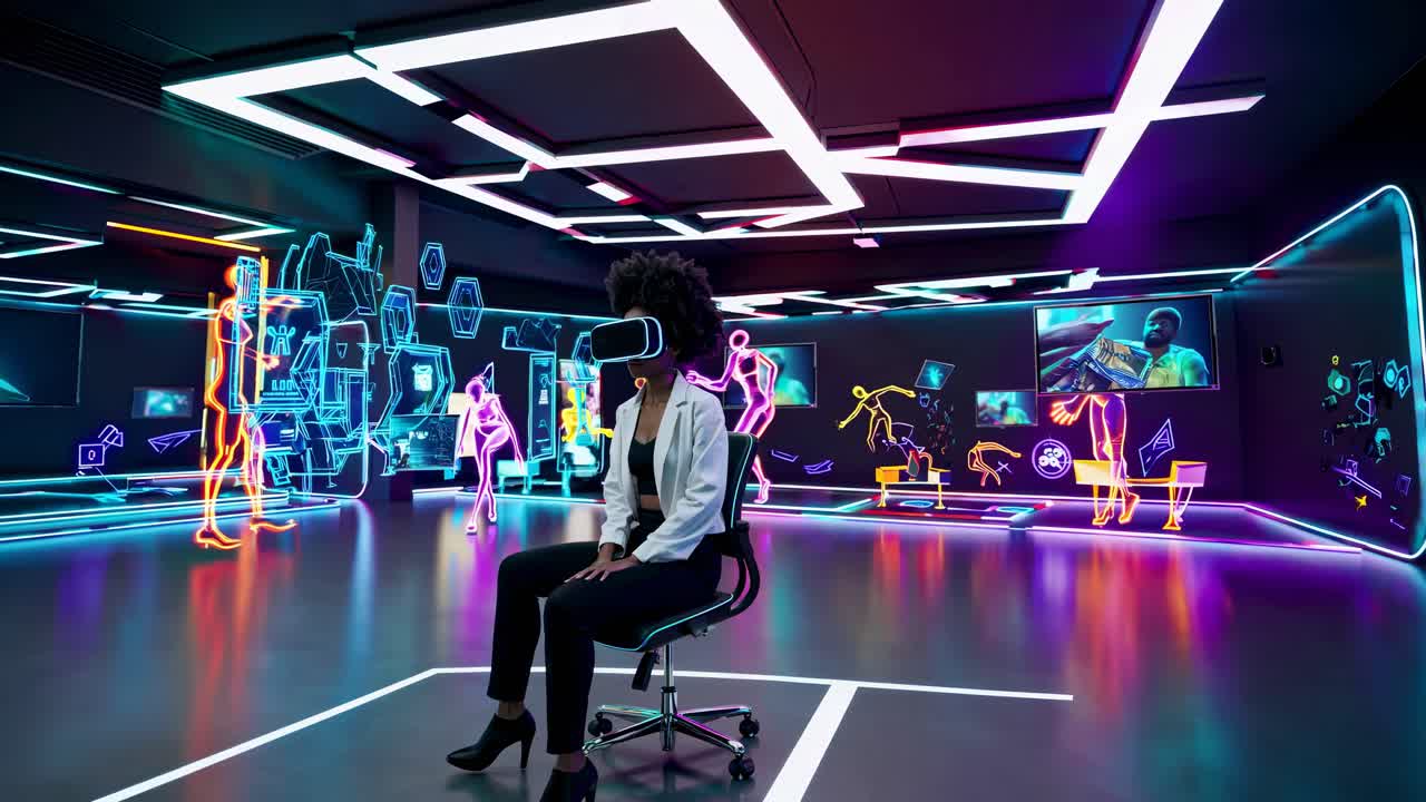 Woman in VR Experience in Futuristic Office