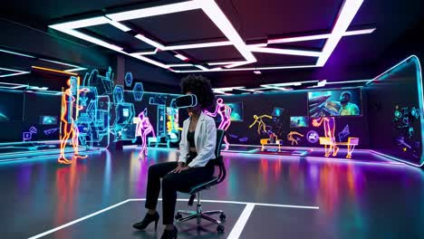 woman in vr experience in futuristic office