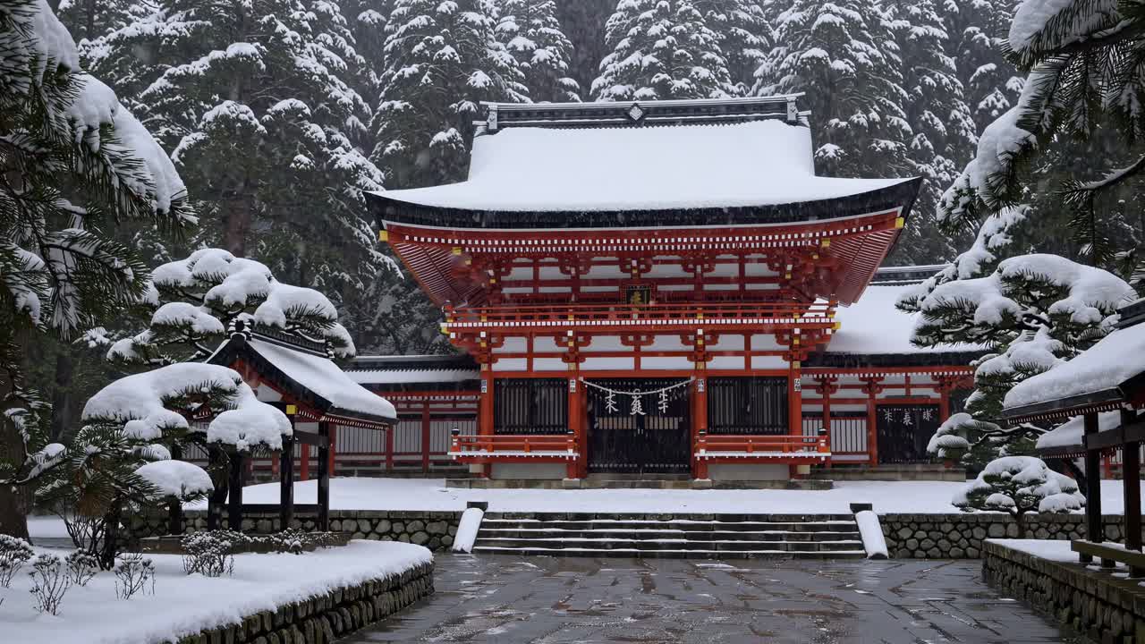 Video still of a traditional Japanese temple in winter, covered in snow