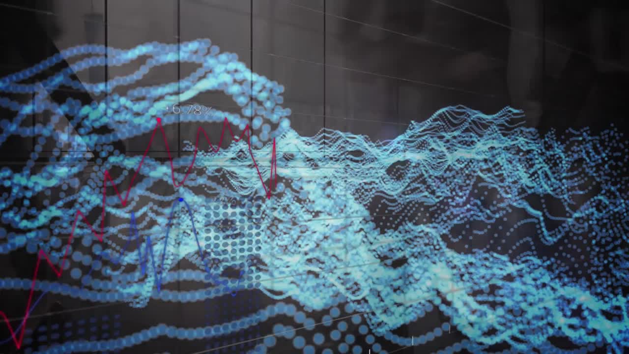 анимация обработки финансовых данных над пешеходами, идущими в быстром движении