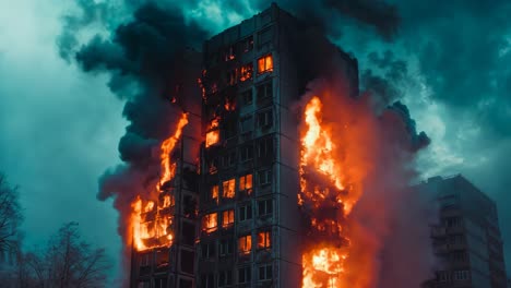 a tall building on fire with smoke billowing out of it