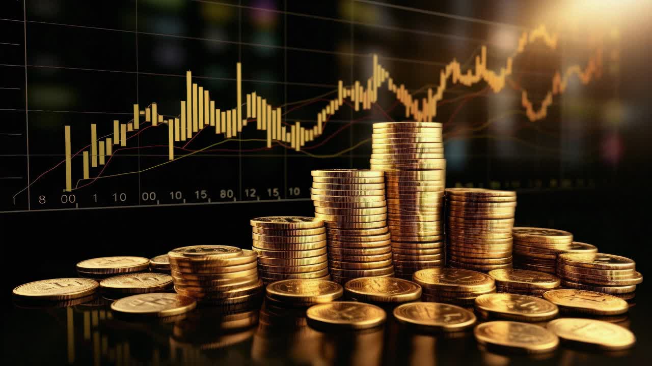 Low-angle shot of stacked coins with a blurred financial chart in the background