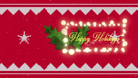 animation of snow falling over happy holidays text with fairy lights and christmas decorations