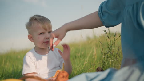 a tender moment as a little boy wearing a white shirt sits in a grassy field holding a snack, while his mother lovingly touches his head and gently cleans his mouth,capturing a scene of nurturing care