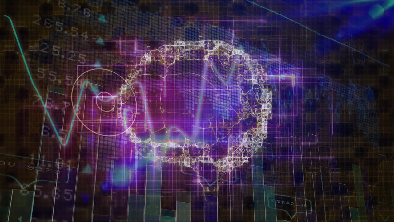 Animation of digital brain over data processing on black background