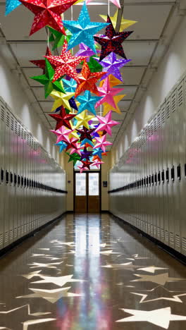 colorful star decorations in a school hallway
