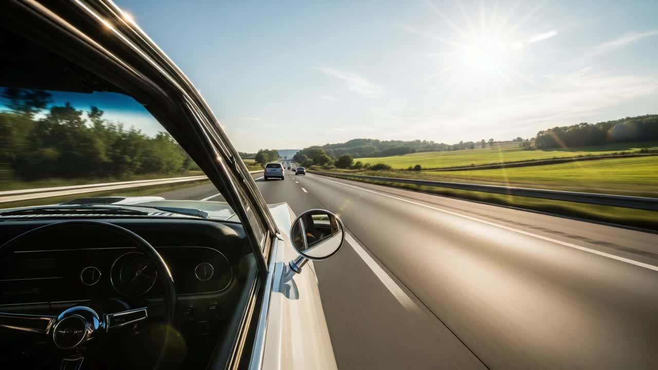 A Scenic Drive Through Lush Green Landscapes Under a Bright Sun: Capturing the Essence of Freedom and Adventure on the Open Road