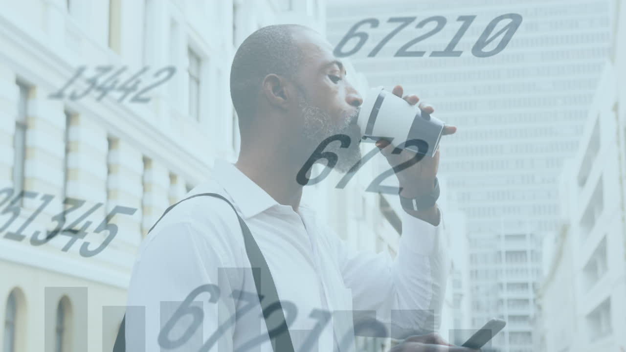 Animation of graphs and changing numbers, senior african man using cellphone while drinking coffee
