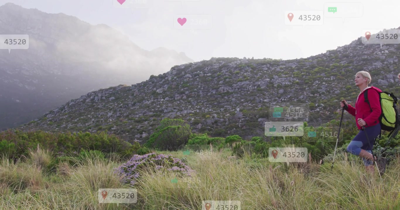 After badges fading in hiker couple trekking field with hovering social icons driving engagement