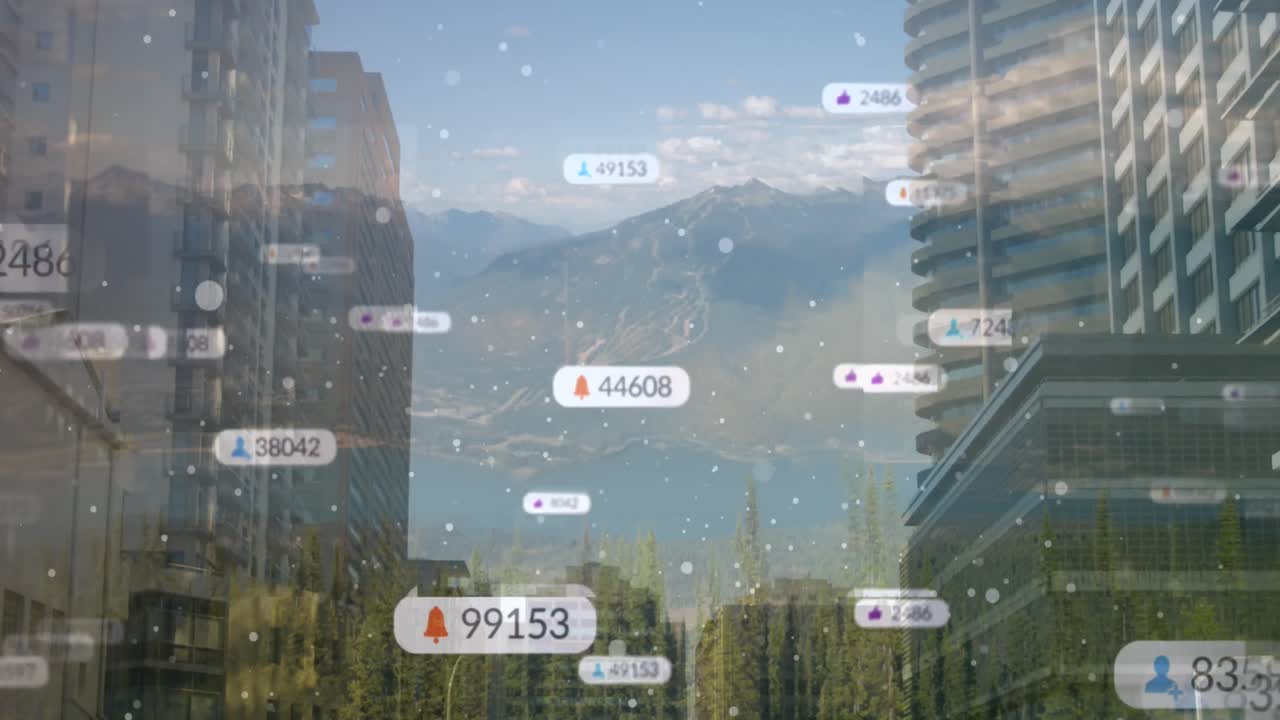 도시 풍경 위의 소셜 미디어 아이콘의 애니메이션