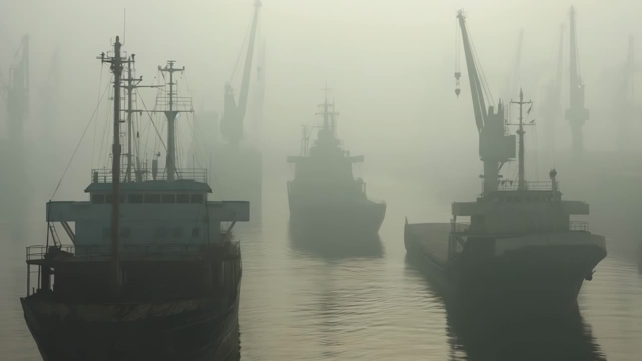 Ships in a foggy harbor