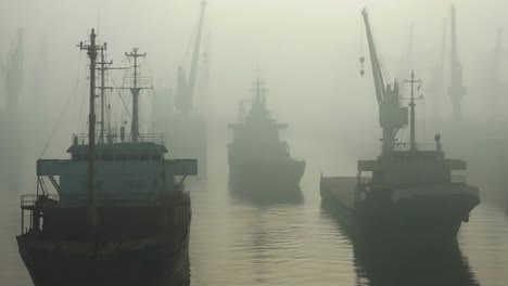 Ships in a foggy harbor