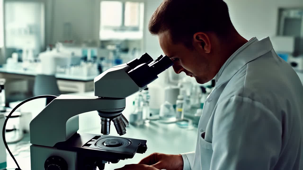 Scientist Examining a Microscope in a Lab