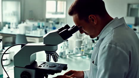 scientist examining a microscope in a lab
