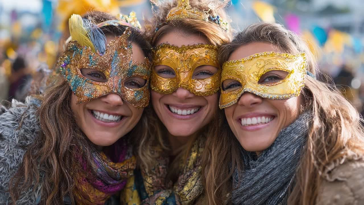 Friends celebrating at a festive event wearing colorful masks