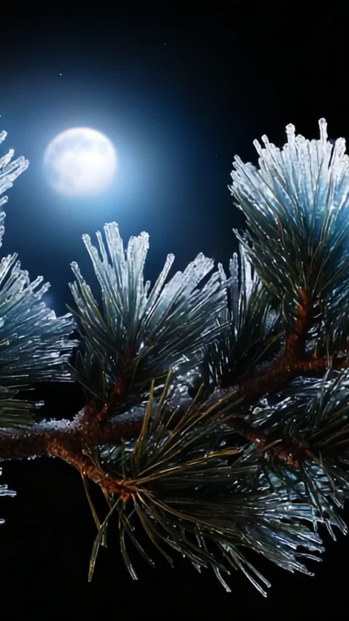 A Glowing Winter Scene Featuring Pine Branches Drenched in Ice under the Bright Moonlight Capturing the Serenity of a Winter Night, Showcasing Nature's Beauty and Tranquility in the Cold Atmosphere