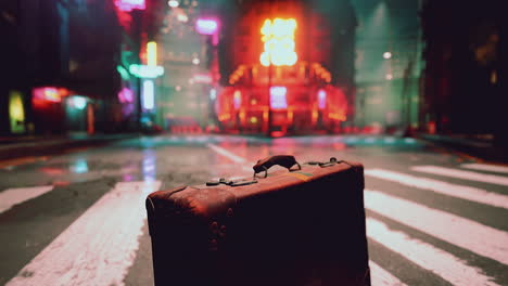 vintage suitcase on a cyberpunk city street at night