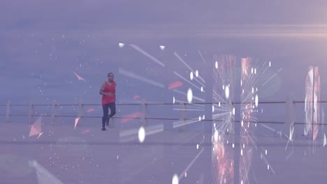 animation of network and processing data over male athlete with running blade training by the sea